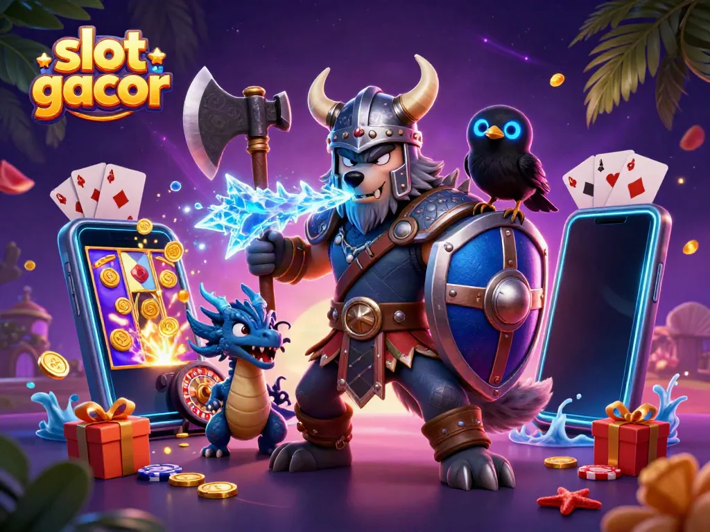 Experience thrilling slot gacor action with a Viking warrior, dragon, and vibrant casino elements.