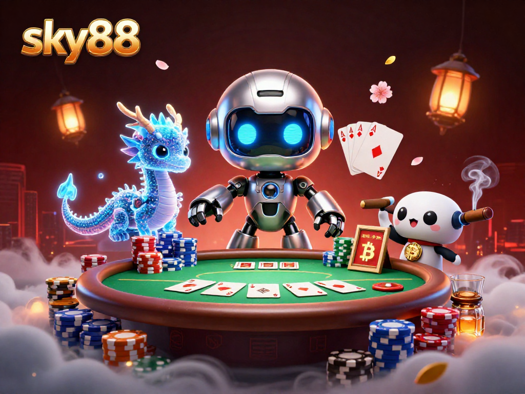 Experience exciting poker action with sky88 in a vibrant 3D digital casino scene.