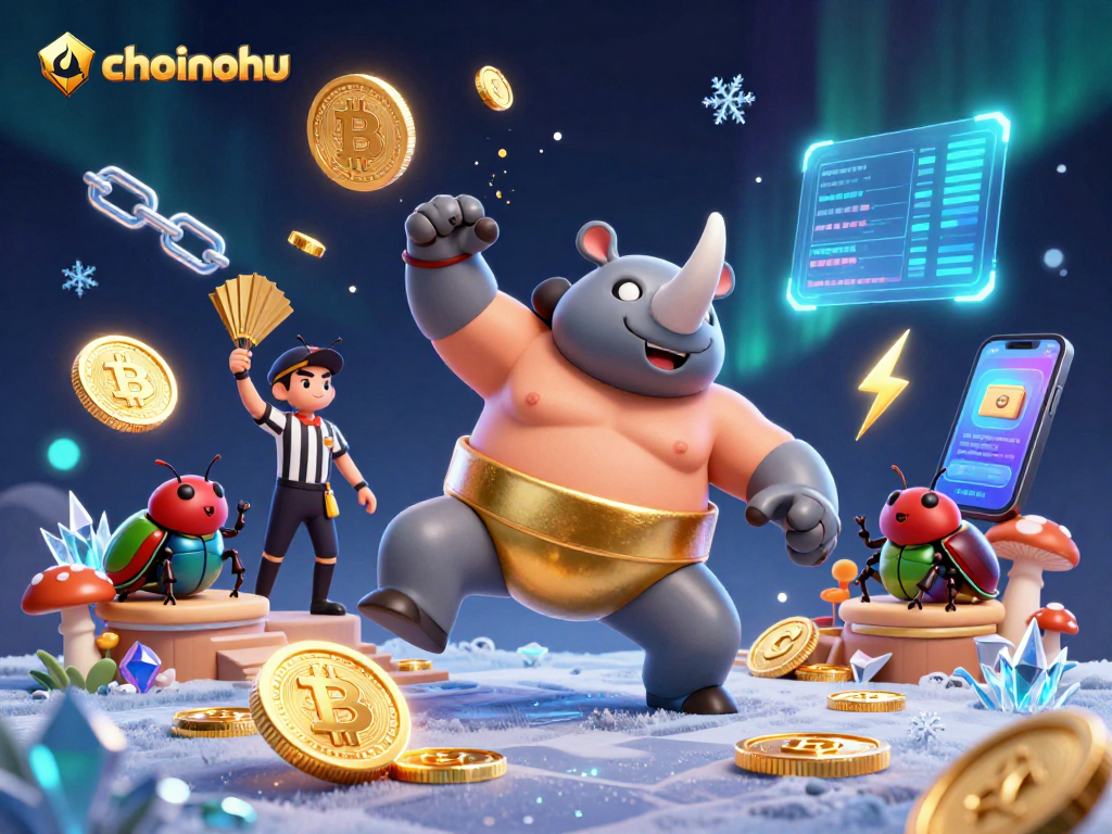 choinohu showcases an exciting casino scene with a sumo beetle champion surrounded by crypto elements