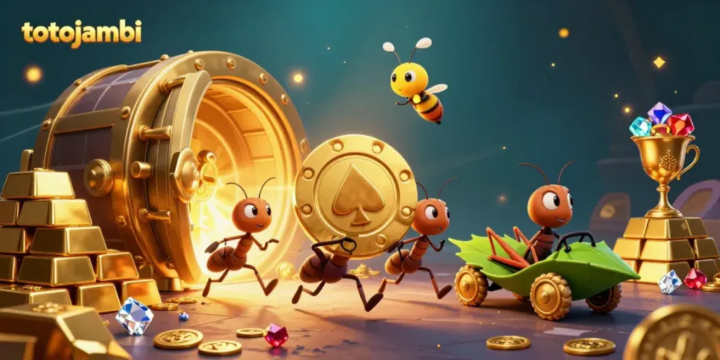 Team of ants conduct a heist for a golden poker chip, highlighting totojambi's fun gambling theme.