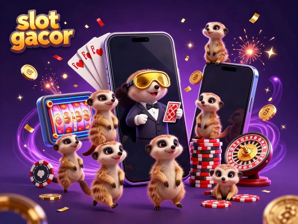 Immerse in slot gacor casino excitement with meerkats in a vibrant gaming scene.