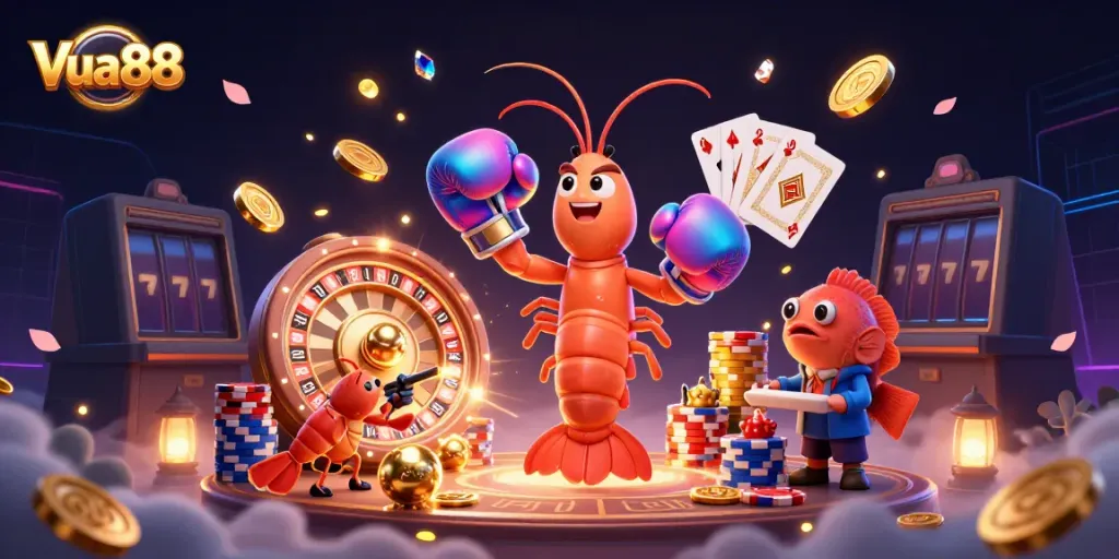 Experience excitement at Vua88 with a vibrant illustration featuring dynamic game elements, animated characters, and casino themes.