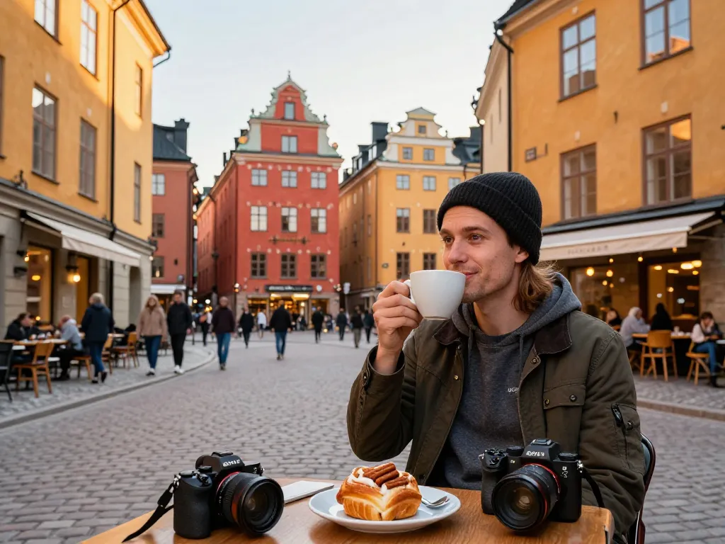 Reisetipps Stockholm: Reisender genießt eine traditionelle Fika in den lebhaften Straßen von Gamla Stan.