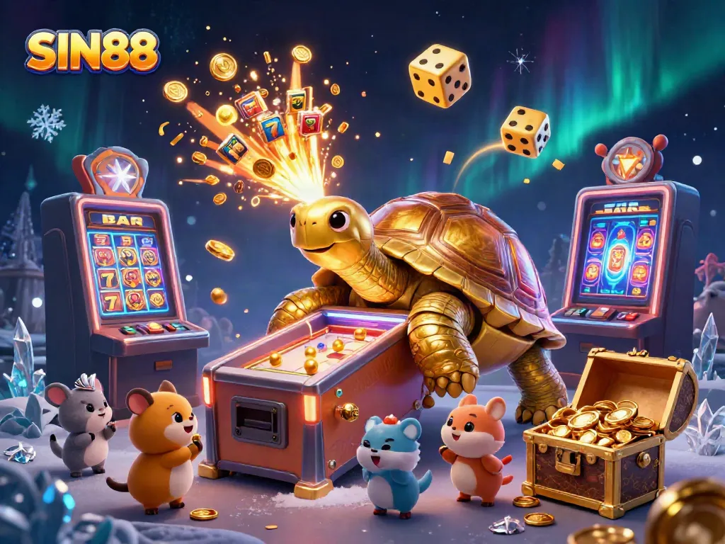 Experience the excitement of SIN88 with a thrilling illustration showcasing casino gaming elements and a colossal tortoise.