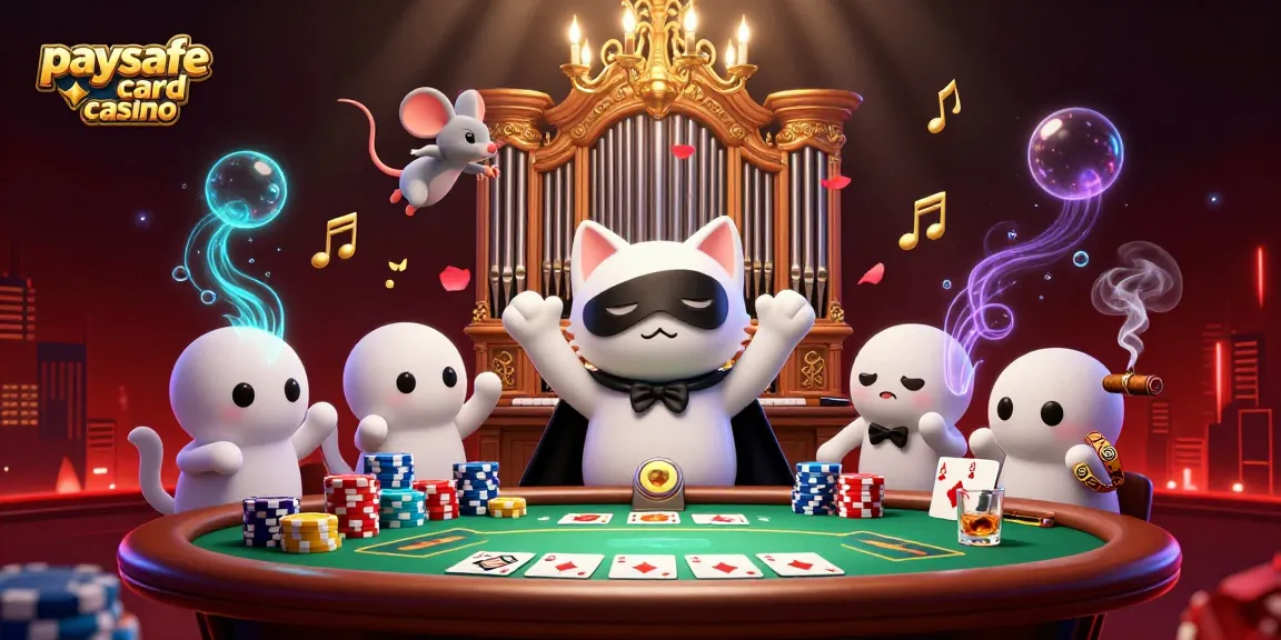 Szenen aus einem Paysafe Card Casino mit einer 3D Katze und Maus, schwebenden Pokerchips und spielerischen Elementen, die vor Aufregung sprühen.