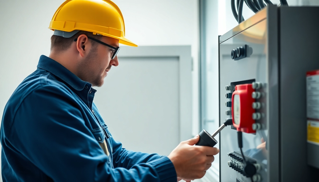 Technician monitoring DGUV V3 Prüfung process for electrical safety compliance.