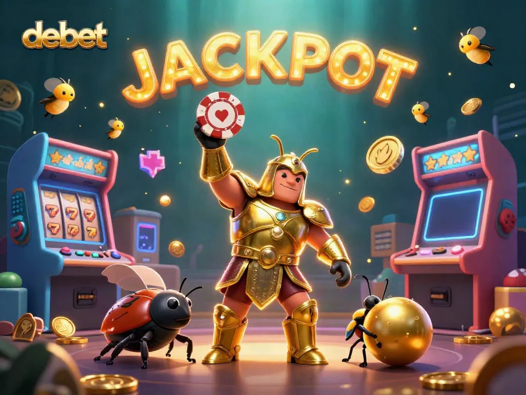 Experience debet's grand jackpot with a victorious beetle in golden armor, surrounded by vibrant casino elements.