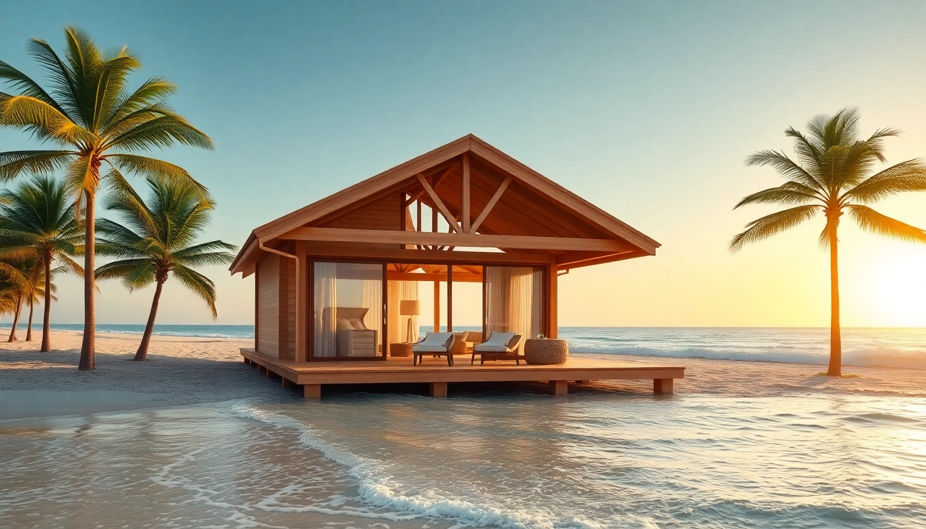 Coastal Cabana am Strand mit elegantem Design und Abendlicht.