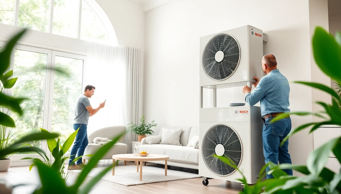 Installationsprozess der wärmepumpe bosch in einem modernen Zuhause, mit lachenden Technikern.