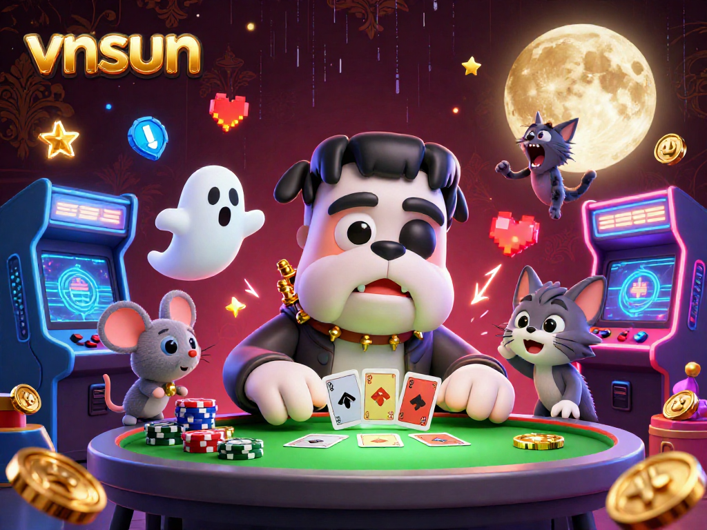 vnsun offers an exciting casino experience with a cartoon bulldog dealer and gaming elements