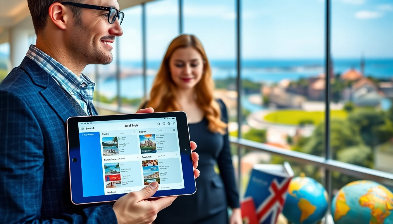 Entdecken Sie Flug & Hotel Tipps mit einem modernen Reiseführer und digitalen Geräten in einer lebendigen Umgebung.