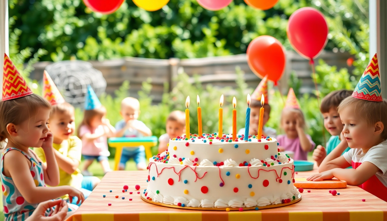 Kindergeburtstag 4 Jahre, fröhliche Kinder feiern mit bunten Ballons und einer Geburtstagstorte.