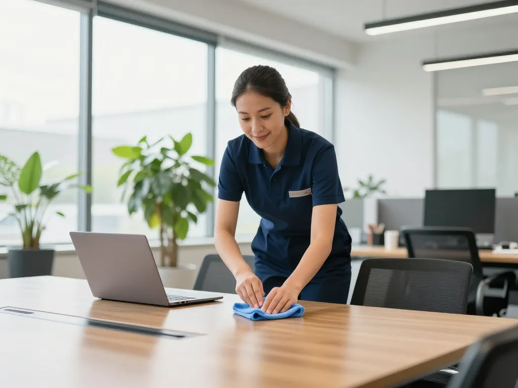 Hochwertiger Gebäudereinigungsdienst in Münster, der in einem hellen, modernen Büro durchgeführt wird.