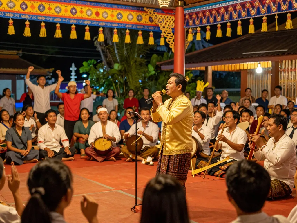 Sinn Sisamouth begeistert eine Menge bei einem kambodschanischen Festival und präsentiert sein legendäres musikalisches Talent und sein lebendiges kulturelles Erbe.
