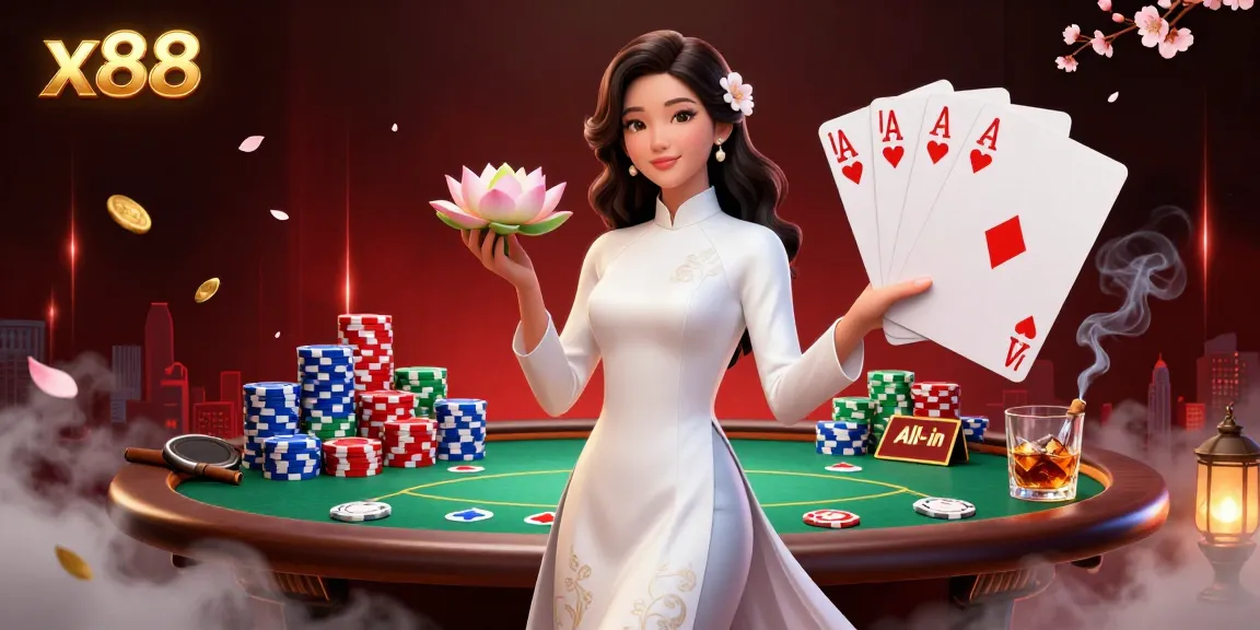 x88 unveils a vibrant casino scene with poker elements, featuring an elegant Asian woman in stunning ao dai.