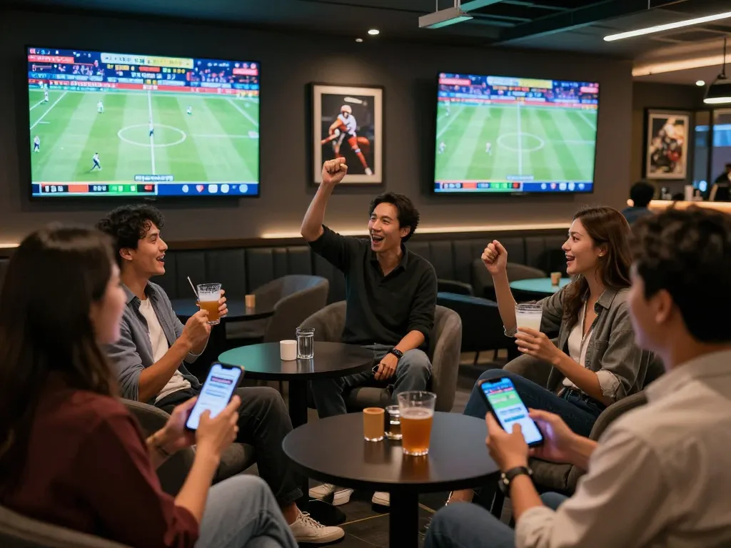 Engaging friends cheer while placing bets on B sport at a modern lounge during a live match