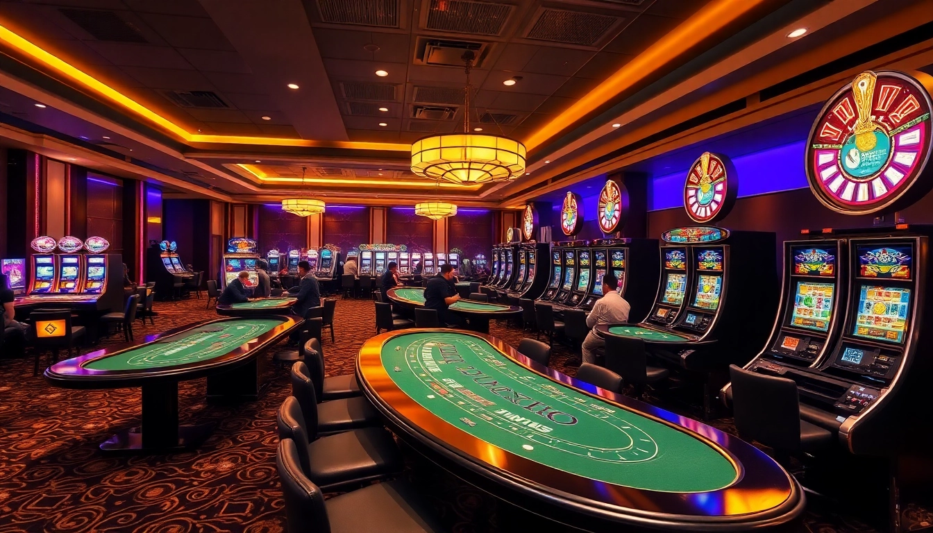 Spiele mit Golisimo Germany in einem luxuriösen Casino mit aufregenden Spielautomaten und Tischen.