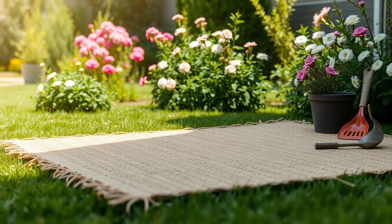Die Hanfmatte entfaltet sich harmonisch im Garten, umgeben von blühenden Pflanzen.