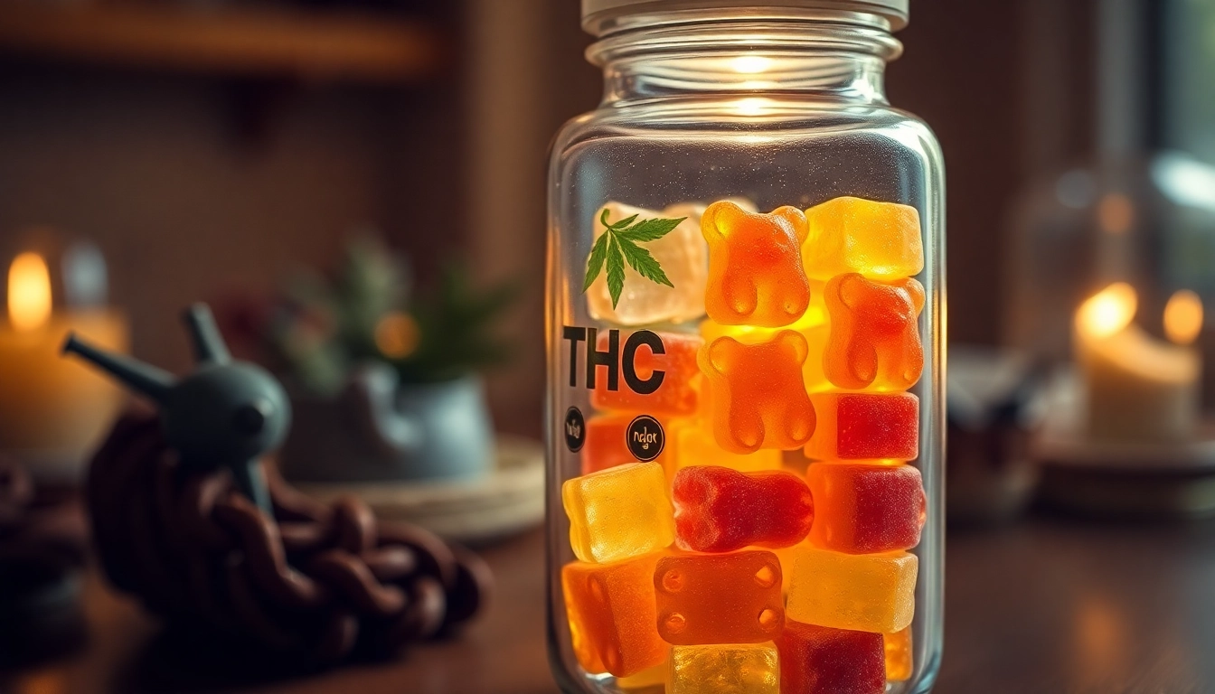 Verführerische THC Gummibären in leuchtenden Farben präsentieren sich in einem transparenten Behälter.