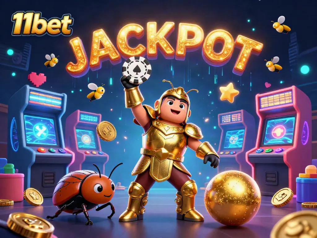Experience 11bet's thrilling casino environment as a herculean beetle wins big, surrounded by gaming elements.