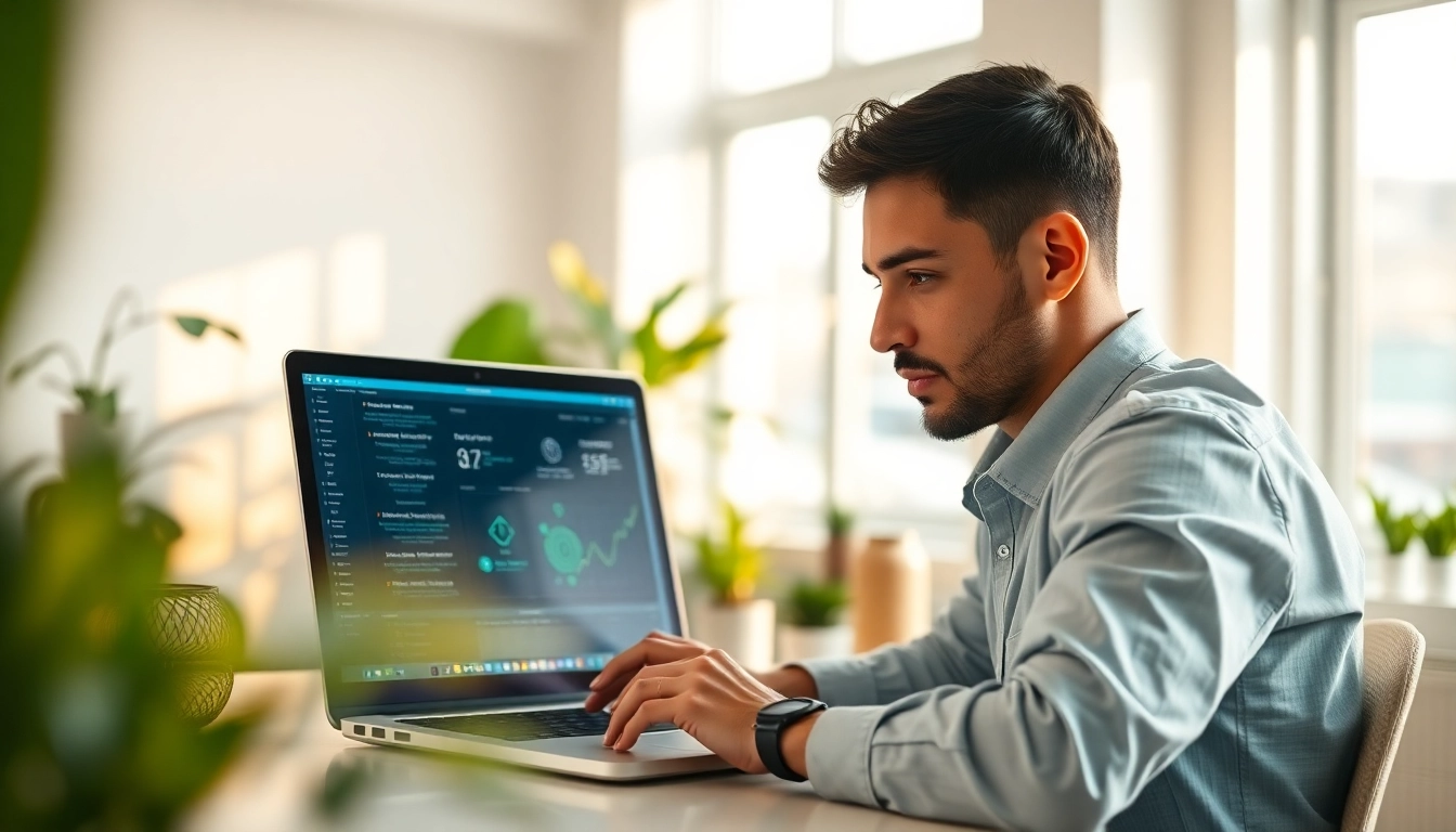 Optimale Software Hilfe: Person lächelt am Laptop in angenehmer Arbeitsatmosphäre.