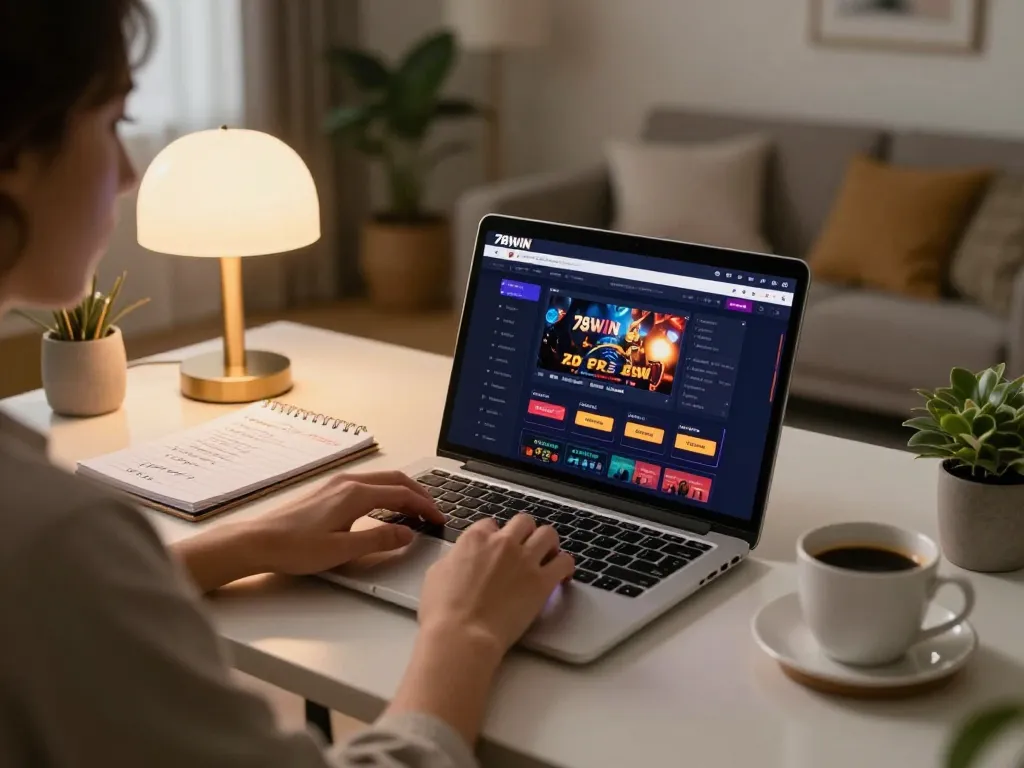 Engaging in strategic online gaming at 78WIN with a laptop, showcasing a comfortable gaming environment