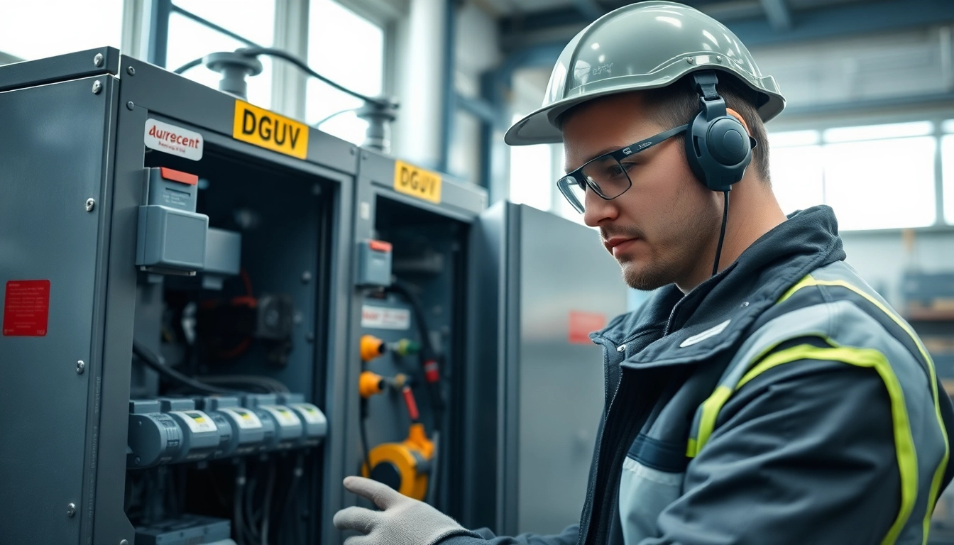 DGUV V3 Prüfung in progress by a technician inspecting electrical machinery.
