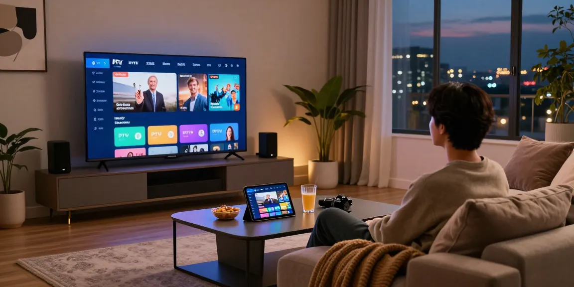 Erleben Sie den IPTV Smart Player in einer modernen Wohnzimmerszene mit gemütlicher Atmosphäre und digitalem Entertainment.