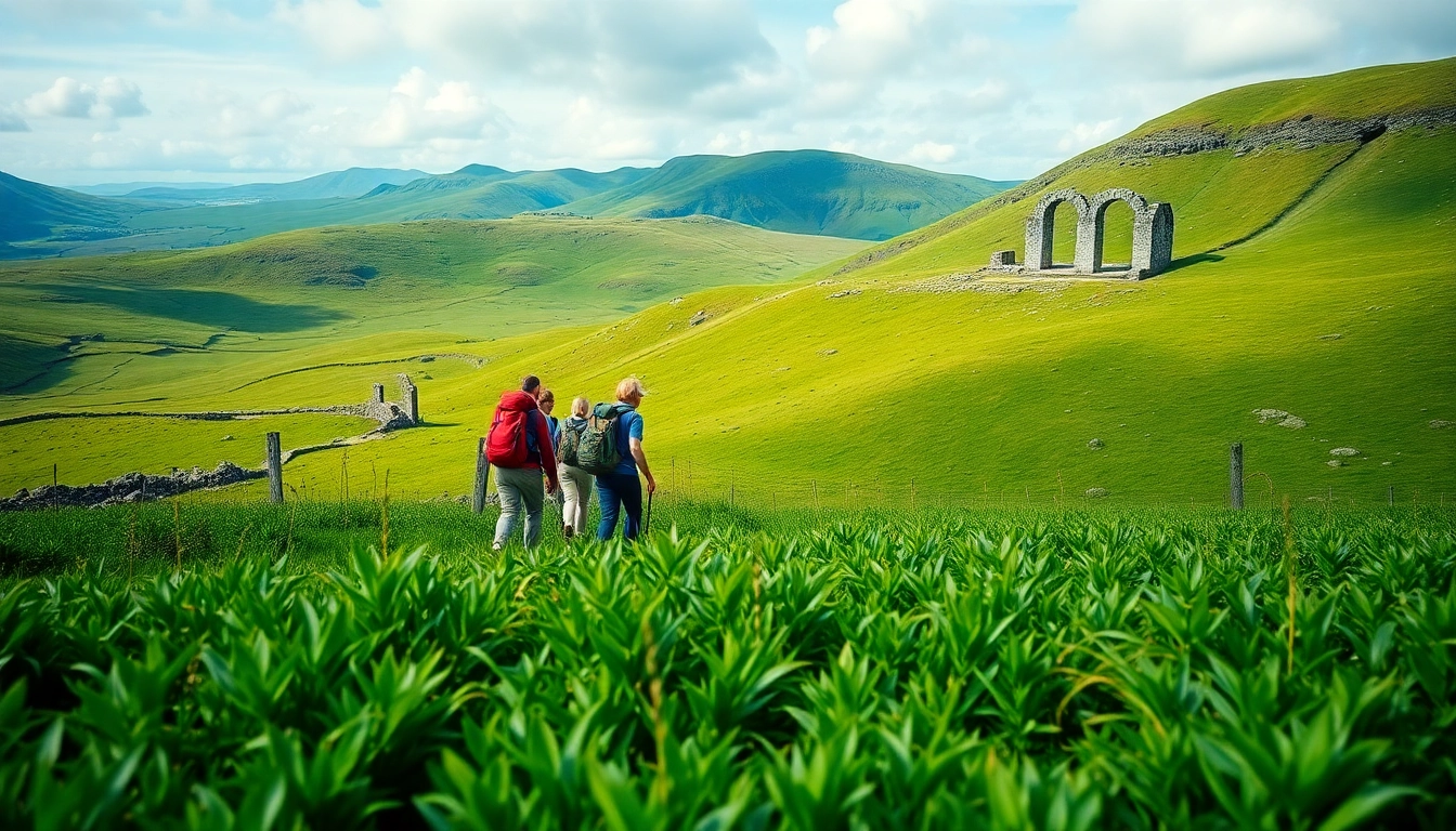 Irland wandern: Eine Gruppe von Wanderern auf einem malerischen irischen Pfad umgeben von grünen Hügeln.