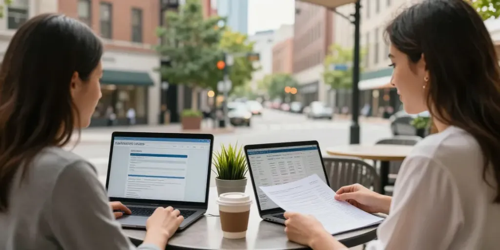 Couple discussing Edmonton loans at a cafe table with laptops and coffee.