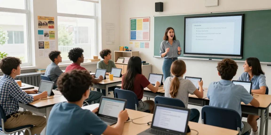 Quiz Allgemeinwissen in einer bunten Klassenzimmerszene mit engagierten Schülern.