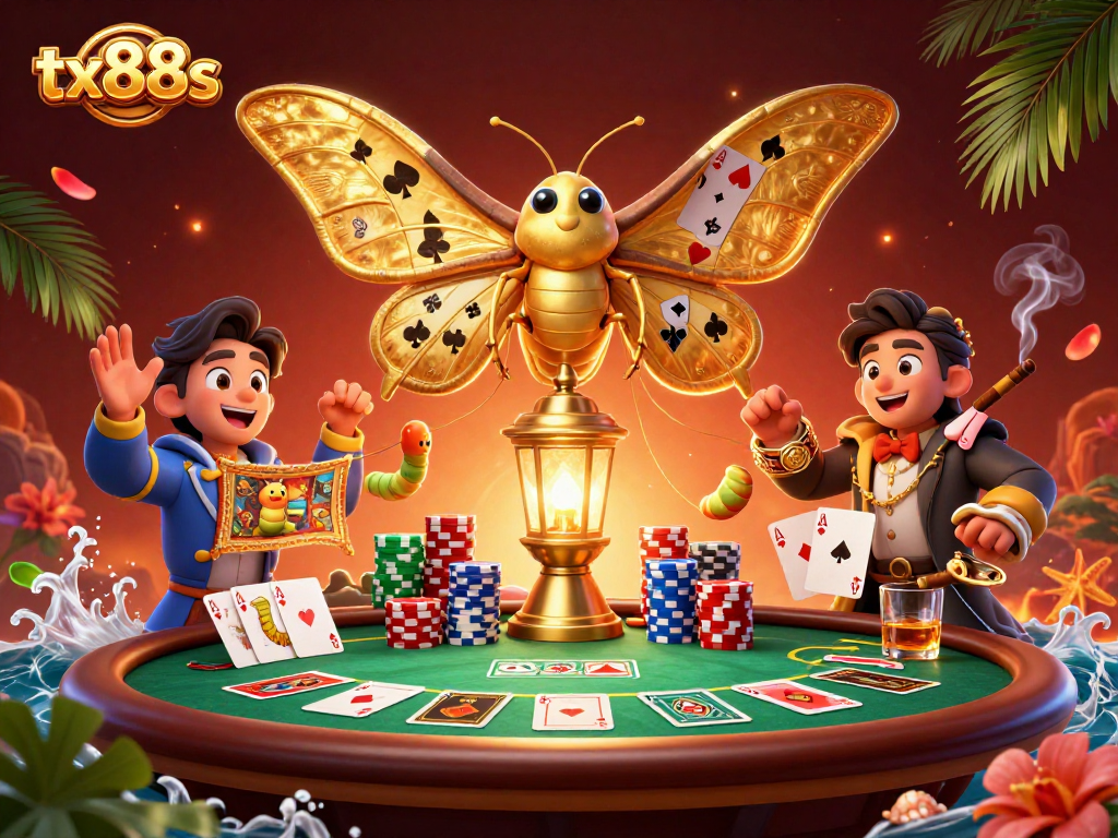 Engage in thrilling casino adventures with tx88s, showcasing vibrant poker tables and animated moths.