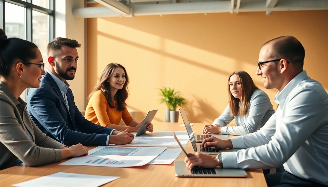 Team discussing Unternehmensberatung strategies in a modern office setting with laptops and charts.