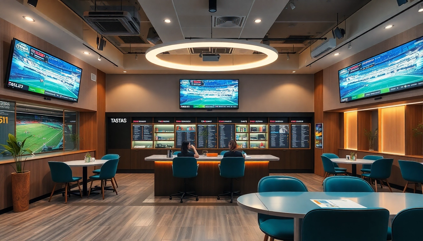 Grafik von einem Sportwettenbüro, das die besten Wettanbieter ohne LUGAS im Vergleich präsentiert und eine einladende Atmosphäre zeigt.