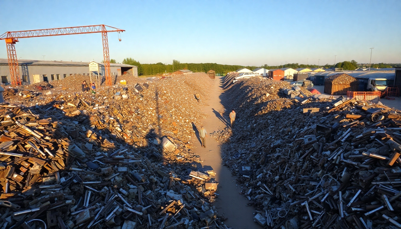 Efficient recycling at Schrottplatz Remscheid with workers sorting metals and sunlight illuminating the area.