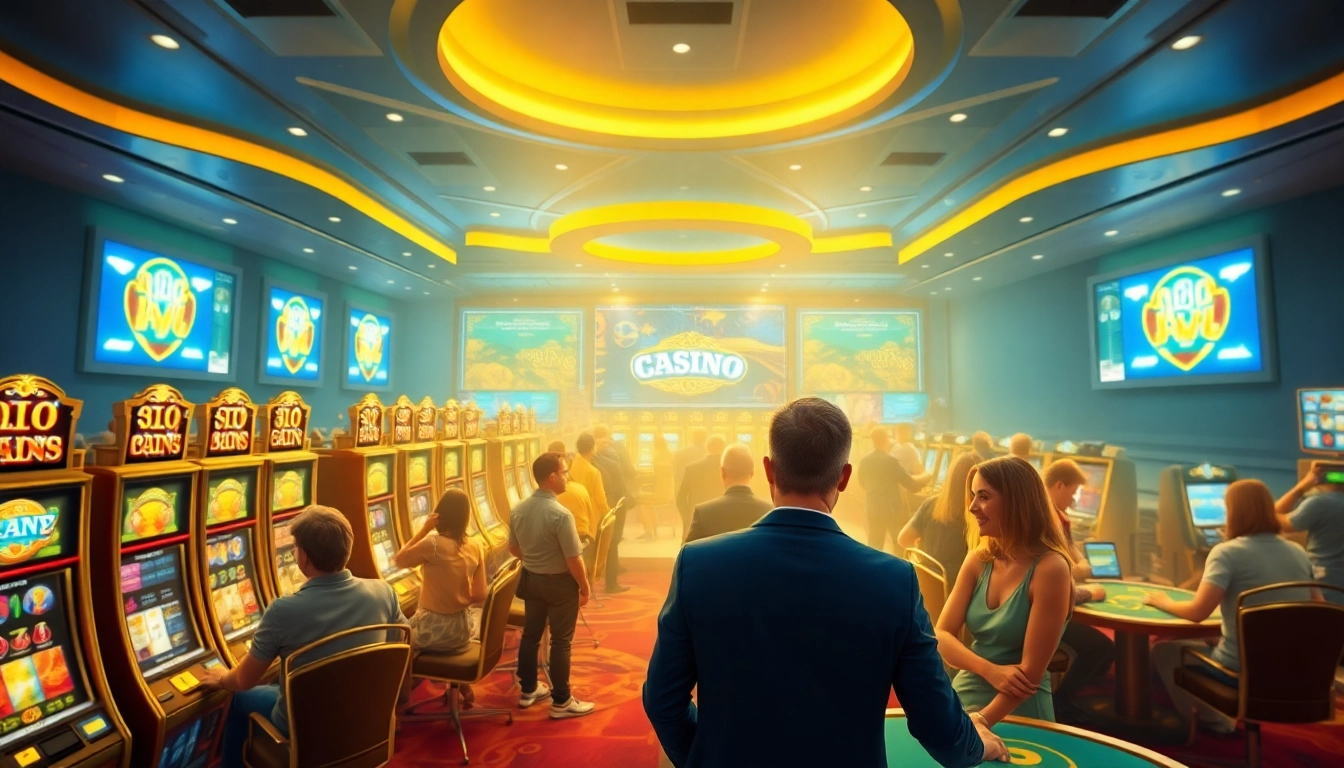 Erleben Sie die aufregende Atmosphäre eines modernen online casino schweiz mit glücklichen Spielern und digitalen Spielautomaten.