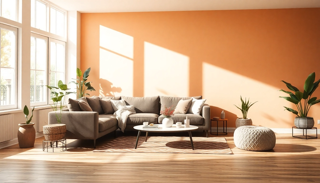 Die Raumgestaltung eines stilvollen und einladenden Wohnzimmers mit harmonischer Farbpalette und modernen Möbeln.