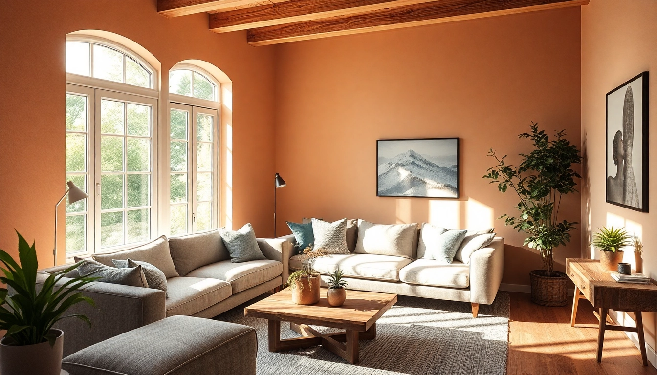 Schaffe eine einladende Atmosphäre durch Raumgestaltung mit sanften Erdtönen und Pflanzen im Wohnzimmer.