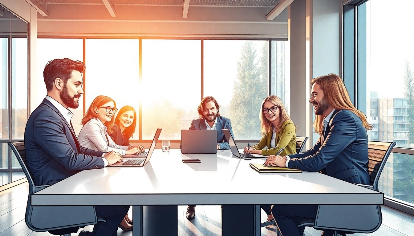 Kooperationsszene eines Headhunters in Solingen, wo diverse Fachleute an einem Tisch zusammenarbeiten.