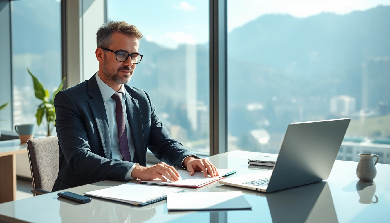 Headhunter Schweiz bei der Arbeit in einem modernen Büro, Laptop und Dokumente auf dem Tisch.