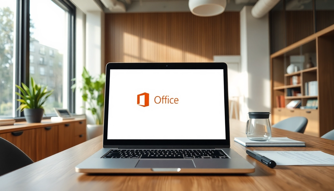 Visualisiere eine Produktivitätsumgebung mit Microsoft Office 2024 Lizenz auf einem Laptop, ergänzt durch eine einladende Büroszene.