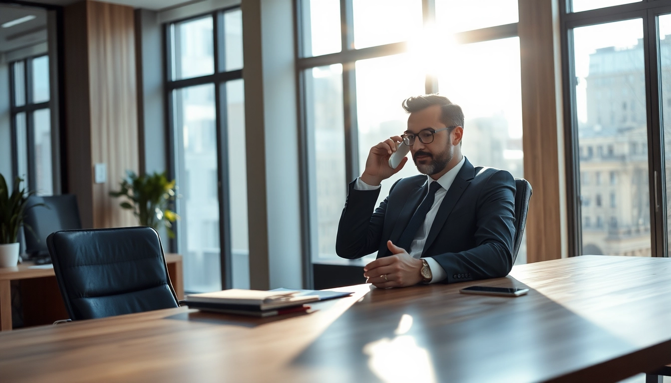 Headhunter telefoniert professionell mit einem Kandidaten in modernem Büro.