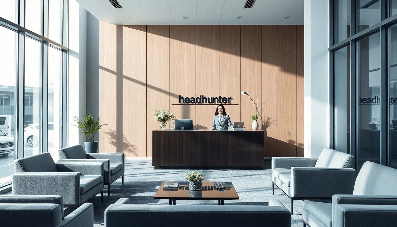 Die Headhunter Agentur zeigt einen modernen Empfangsbereich mit freundlichem Personal, das klärende Beratung bietet.