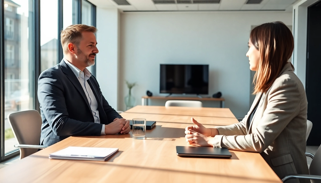 Headhunter Saarbrücken im Meeting mit Führungskraft über Karrierechancen im modernen Büro.