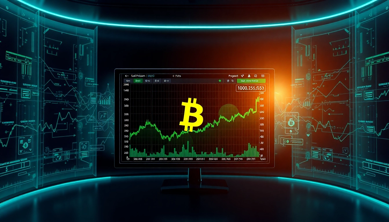 Zeigt den aktuellen bitcoin price usd auf einem digitalen Bildschirm, umgeben von dynamischen Markgrafiken.