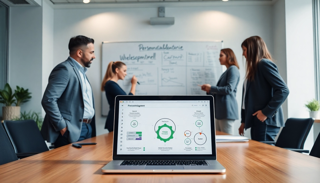 Visualisiere Personalvermittlung mit einem dynamischen Team, das an Lösungen arbeitet.