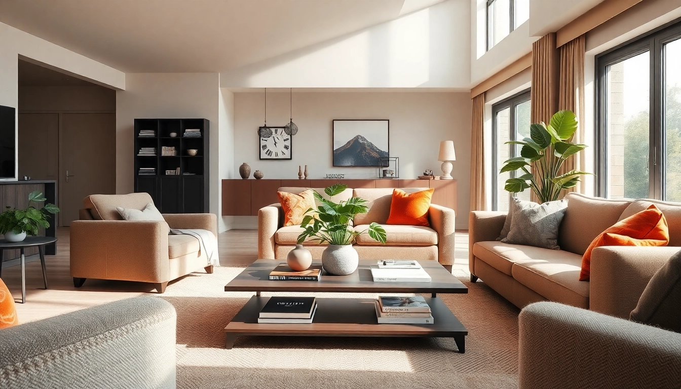 Gestalte Raumgestaltung mit einem einladenden Wohnzimmer, das modernen Stil und Gemütlichkeit vereint.