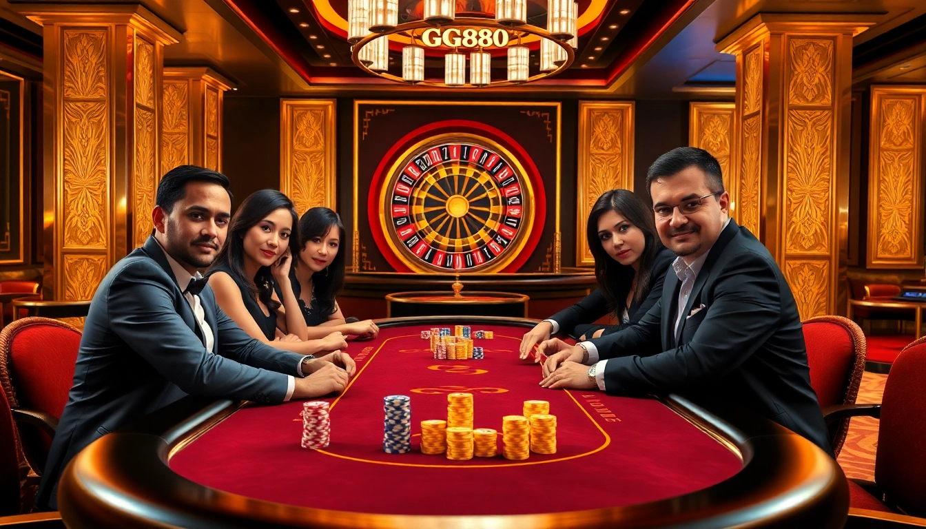 Players enjoying high-stakes poker at GG88's luxurious casino table, surrounded by vibrant atmosphere.