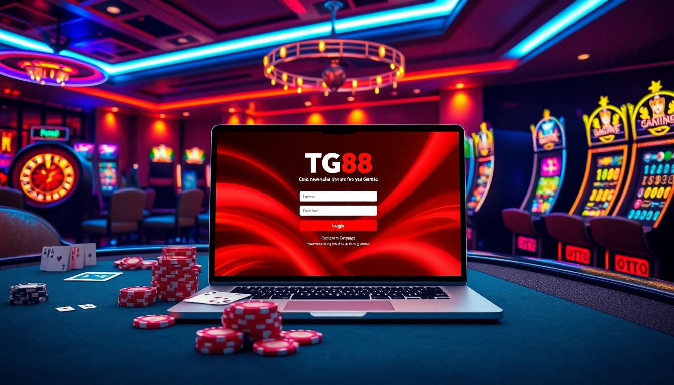 Engaging scene of TG88 login process with vibrant casino elements showcasing dynamic gambling activities.