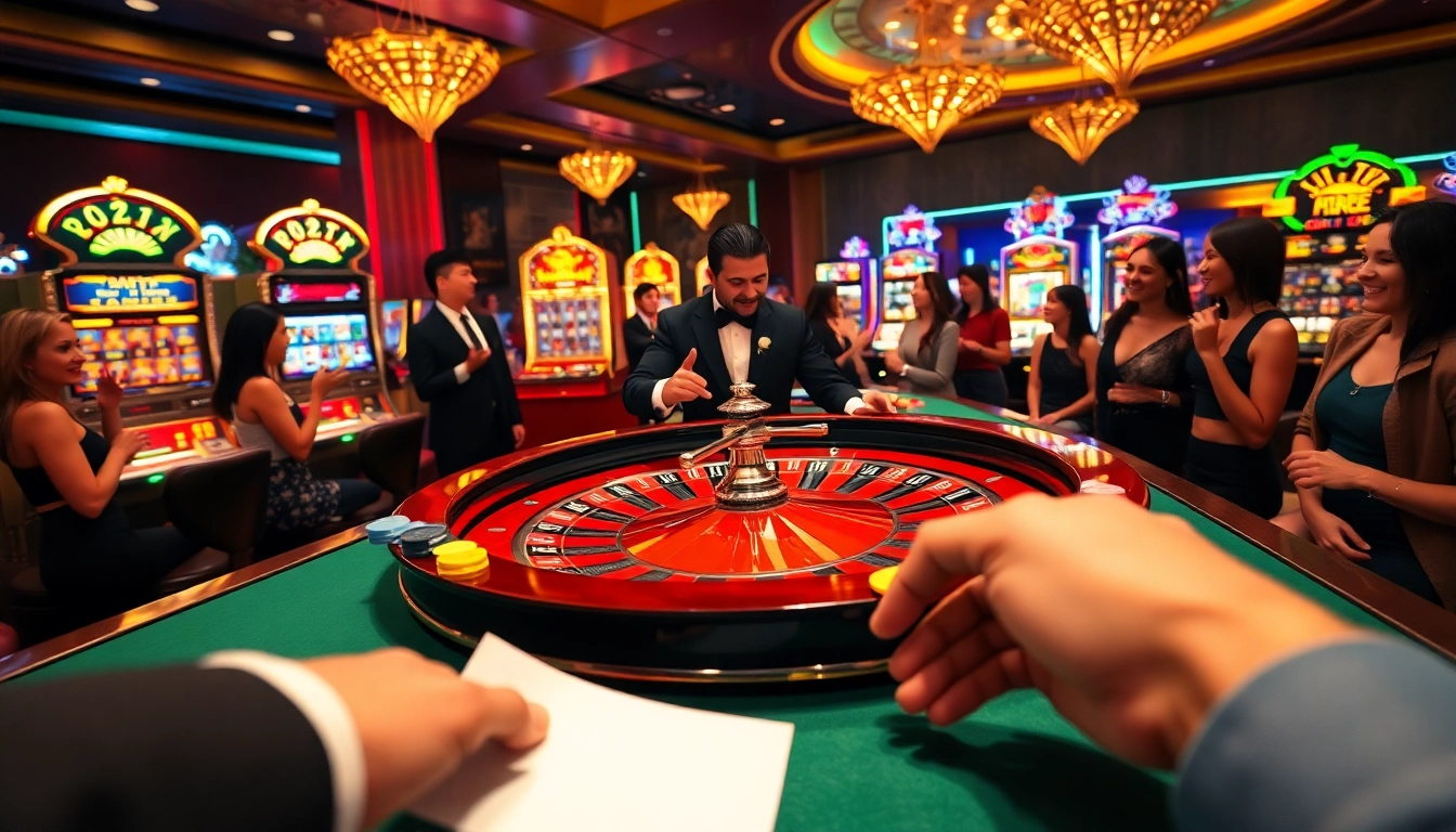 Exciting casino scene highlighting rr88 with gamblers at a roulette table and vibrant slot machines.